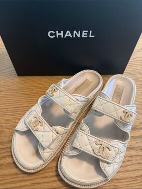 CHANEL Cream Quilted Double-Strap Slide Sandals with Gold CC Logos
